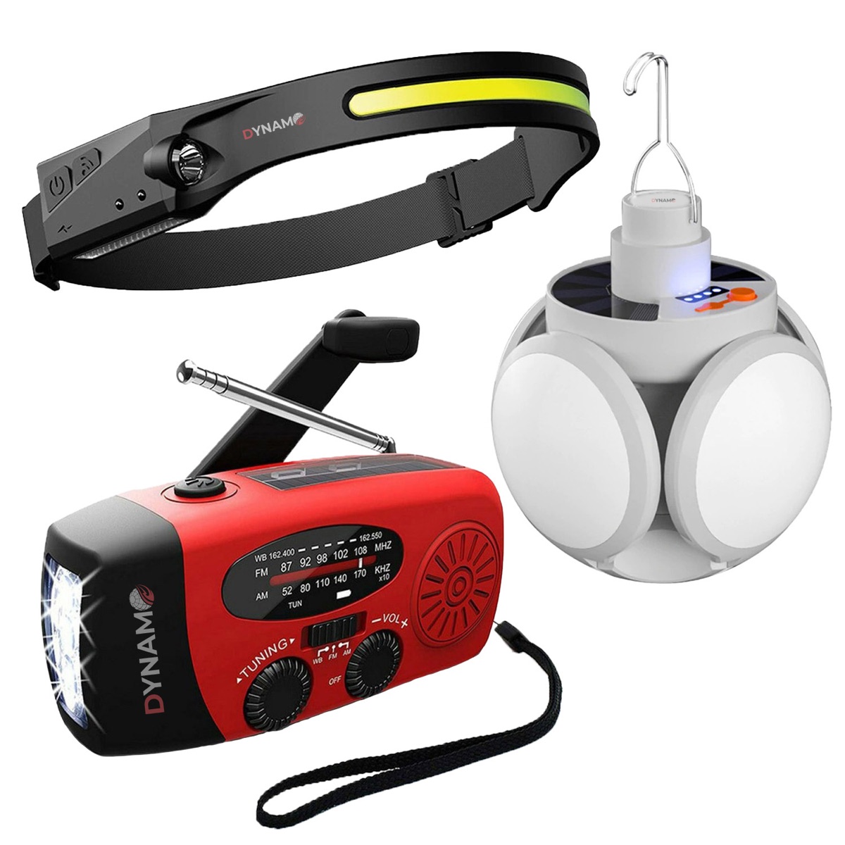 Das DYNAMO Notfallset Mittel: Kurbelradio, aufklappbare Campinglampe und LED-Stirnlampe nebeneinander